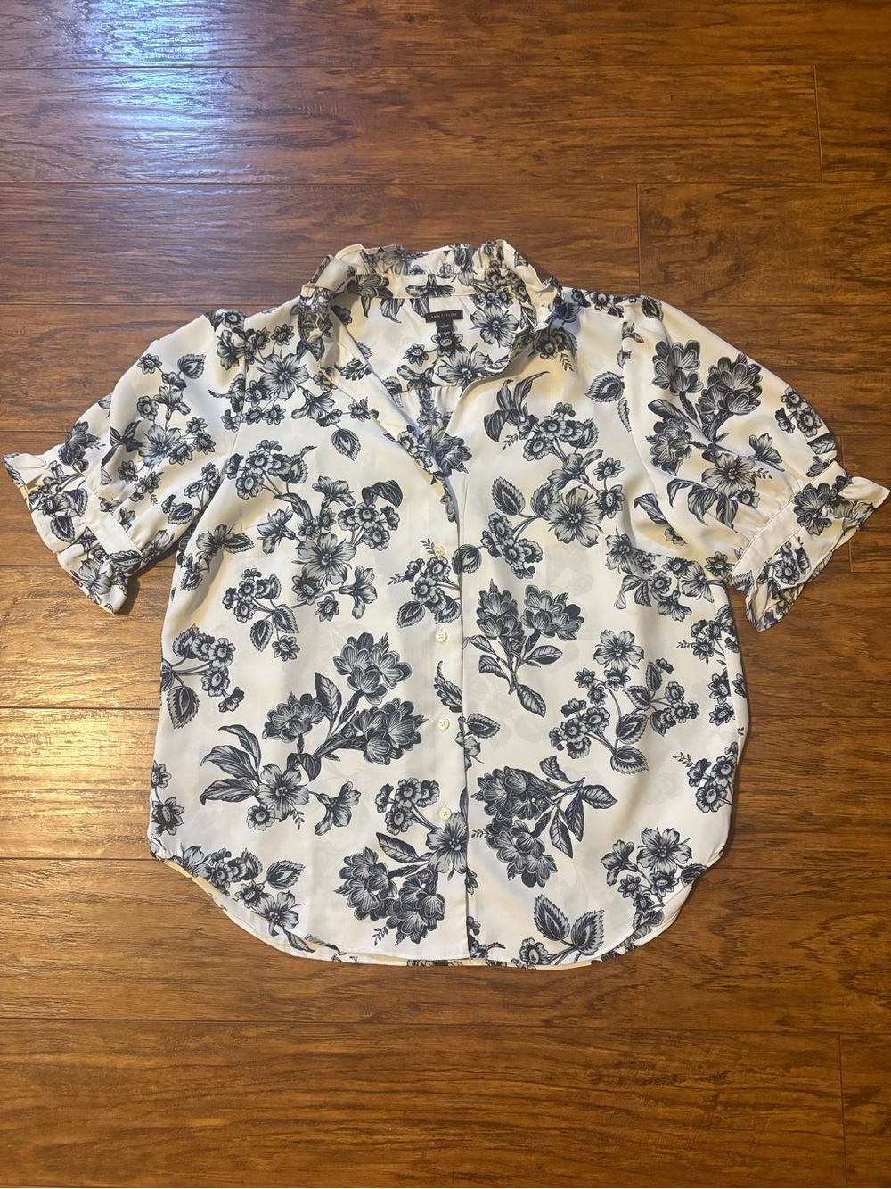 Ann Taylor White Button-Down Shirt with Black Floral Print